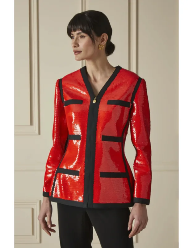 95% Silk/ 5% Lycra Sequined Collarless Zip Blazer