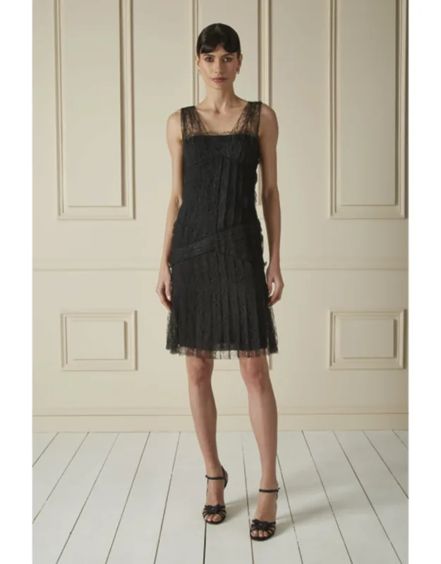 100% Silk Sparkly Pleated Lace Midi Dress