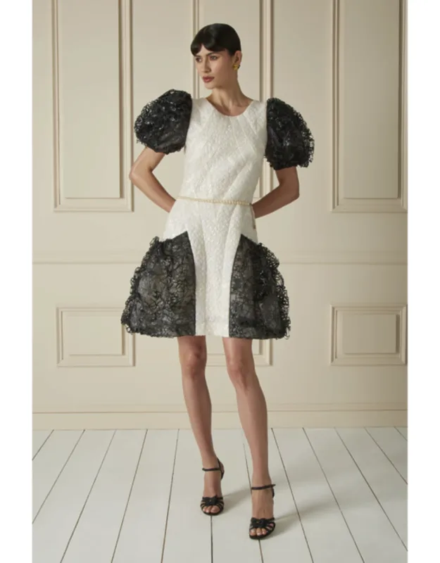 100% Silk Multicolor Opalescent Organza Cloqué Laser Cut Dress