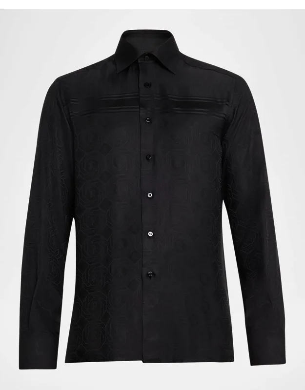 Tonal Geometric Silk Jacquard Dress Shirt