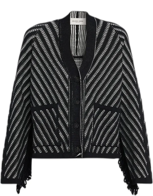Journey Herringbone Jacquard Fringe-trim Cardigan