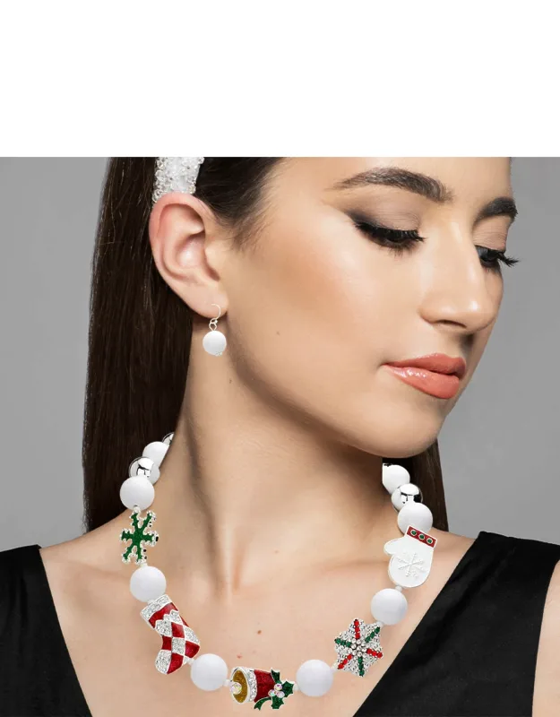 Snowflake Christmas Socks, Jingle Bell Gloves, Pointed Beaded Necklace