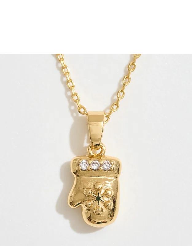 14k Gold Dipped Cz Stone Paved Holiday Mitten Pendant Necklace