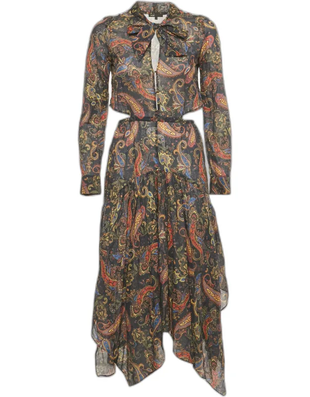 Paisley Print Cut-out Asymmetric Midi Dress