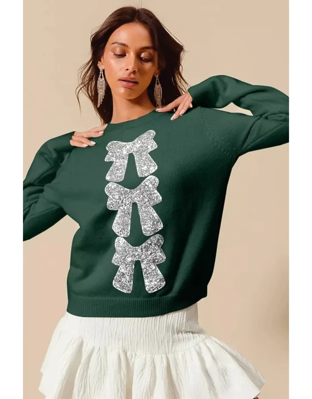 Sequins Bow Ribbon Embellished Christmas Sweater