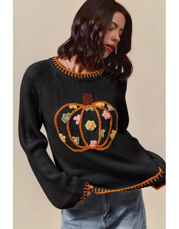 Pumpkin Floral Embroidered Thanksgiving Sweater