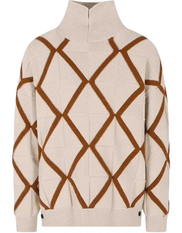 Sweater With Ribbed Polo Collar And Textured 3d Check Pattern