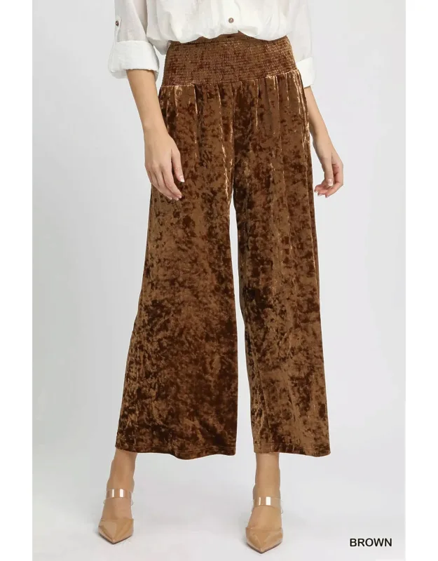 Velvet Smocked Waistband Wide Leg Pants