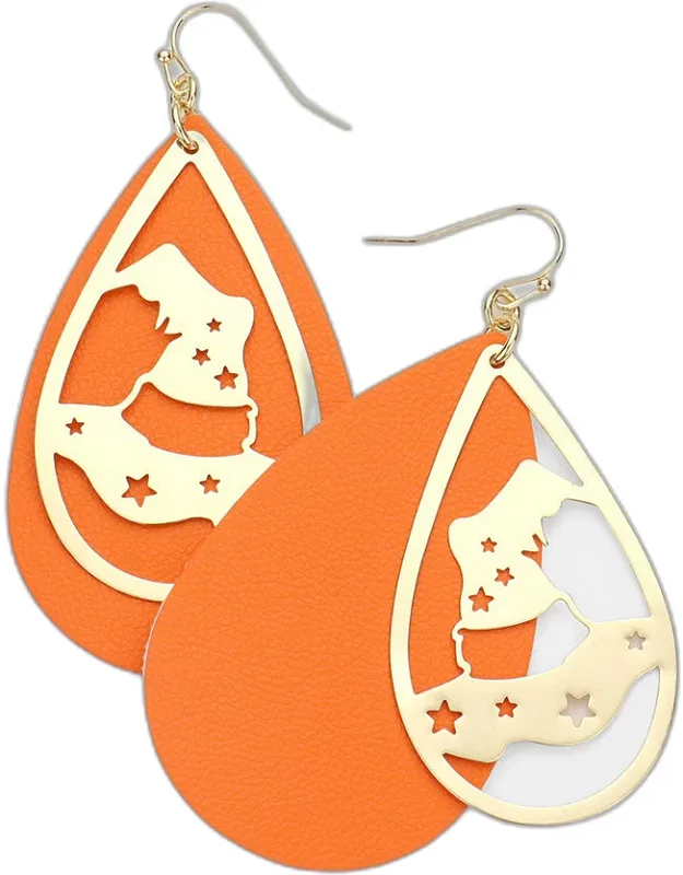 Metal Witch Hat Accented Faux Leather Teardrop Layered Dangle Earrings