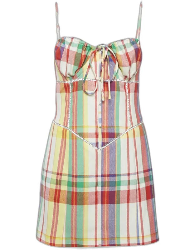 Plaid Checked Wool Crystal Detail Mini Dress