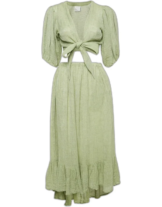Textured Linen Wrap Top And Skirt Set