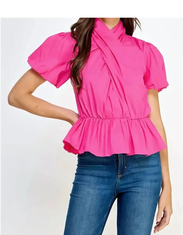 Cross Neck Puff Sleeve Blouse