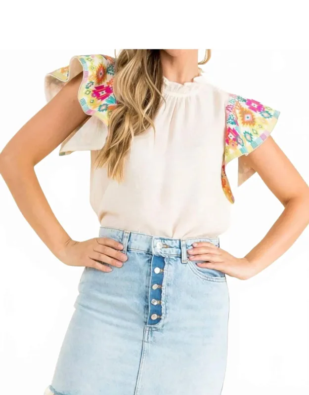 Embroidered Ruffle Sleeve Top