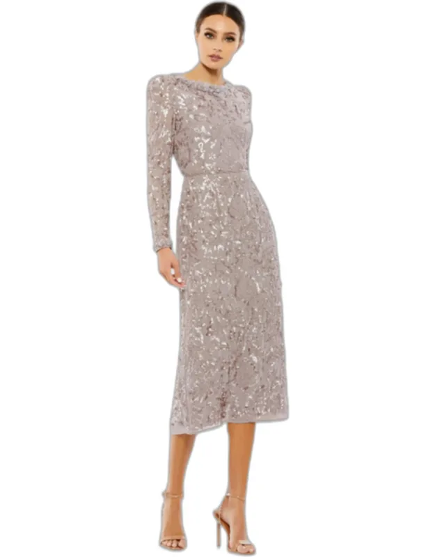 Embellished High Neck Puff Sleeve Midi Sheath Dress