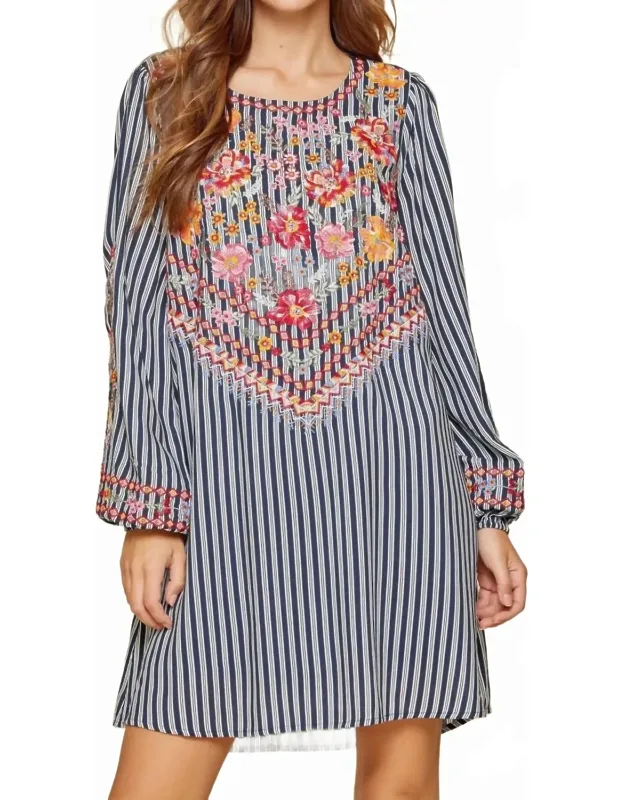 Floral Embroidered Striped Dress