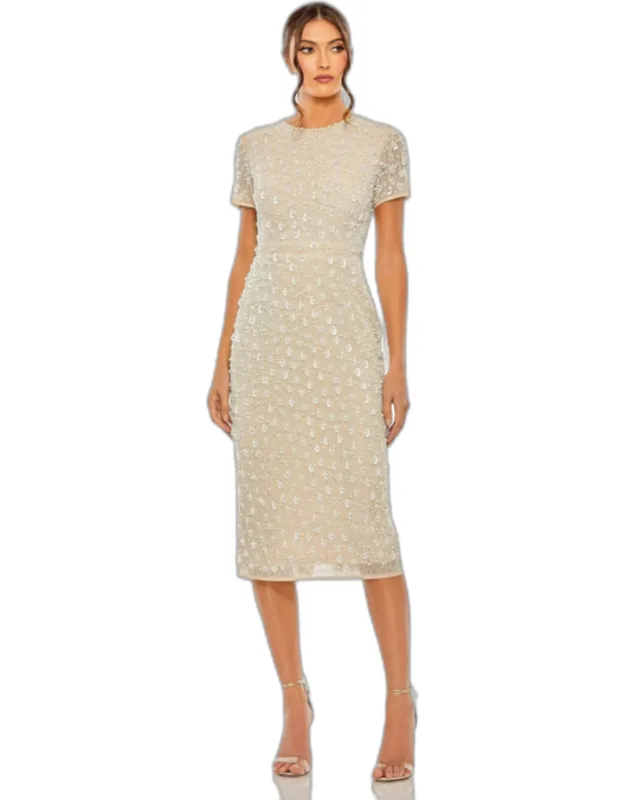 High Neck Short Sleeve Embellished Midi Sheath Dress