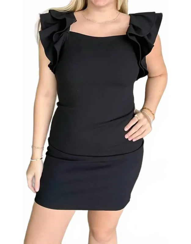 Ruffled Sleeve Heavy Knit Square Neck Mini Dress