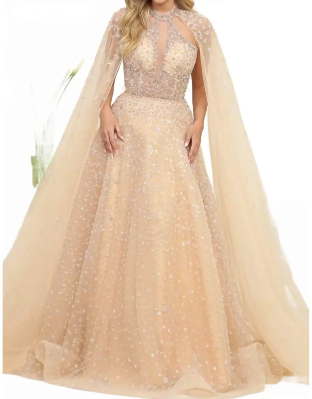 Beaded Illusion Design Sewn-on Cape A-line Glitter Dress