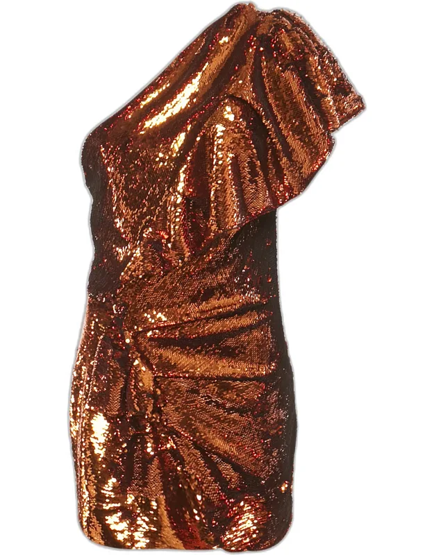 Metallic Sequin One-shoulder Ruffled Mini Dress