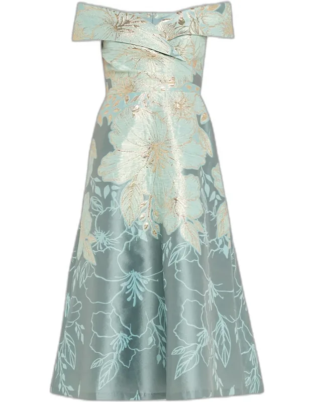 Off-shoulder Metallic Jacquard Midi Dress