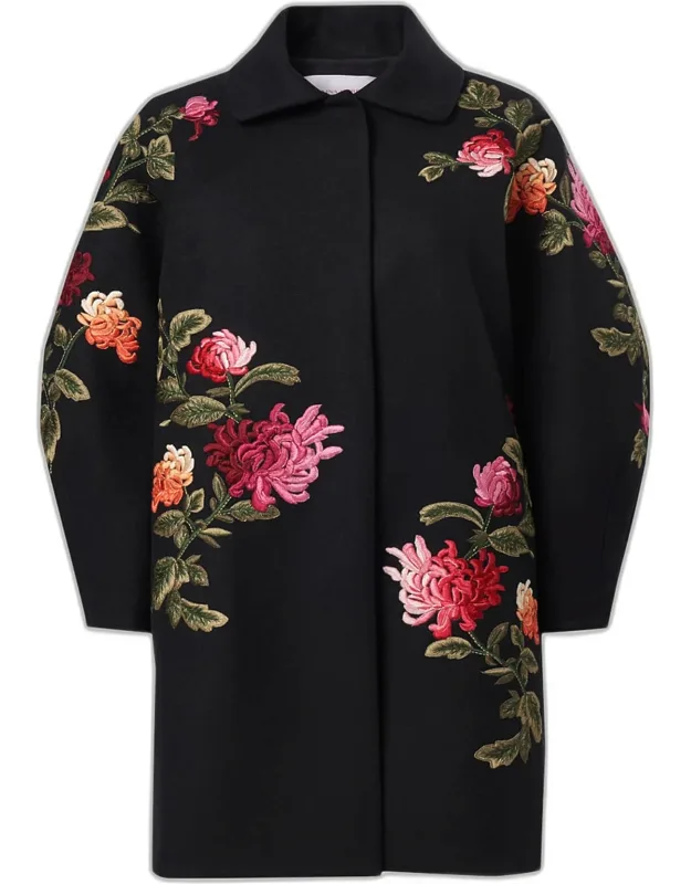 Floral-embroidered Wool Cocoon Coat