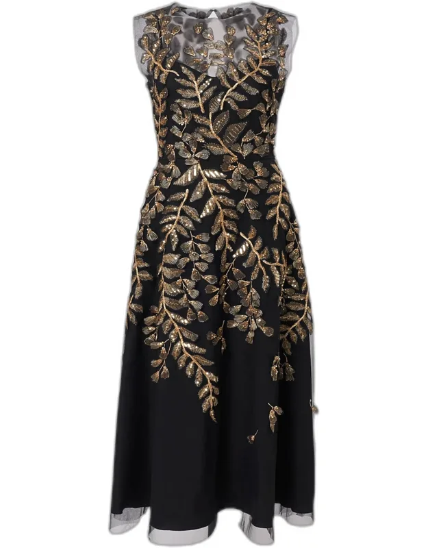 Gold Leaf-embroidered Tulle Midi Dress
