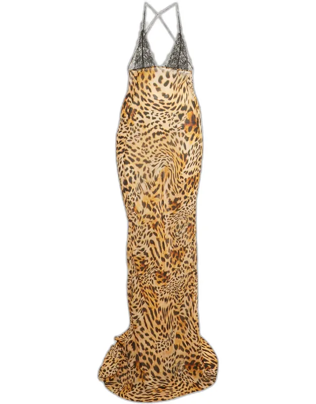 Animal Print Crepe & Lace Slip Dress