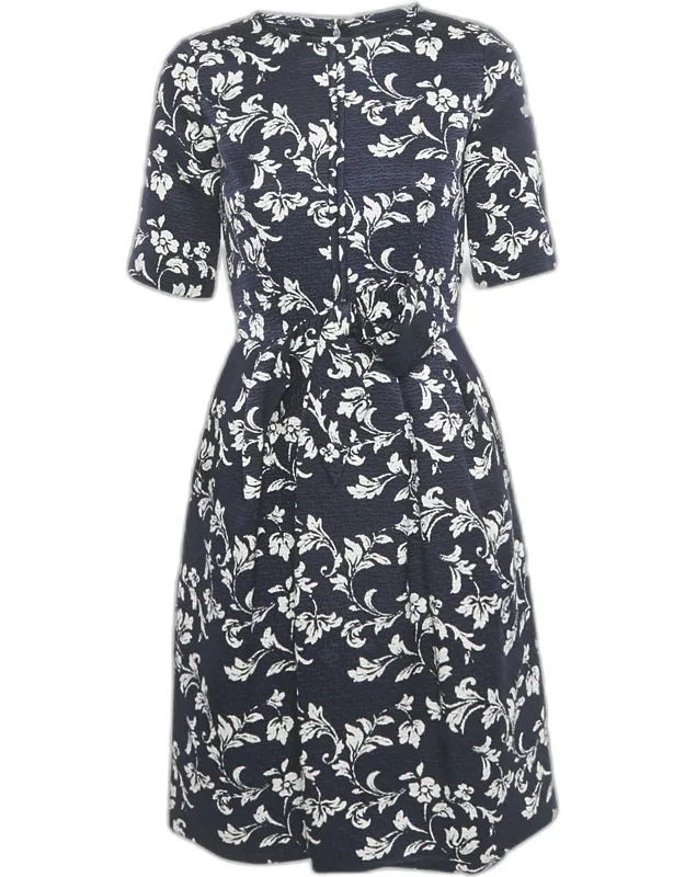 Floral Print Jacquard Bow Detail Short Dress