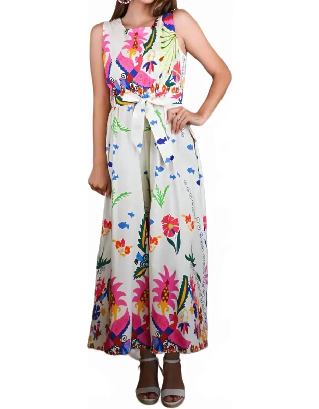 Tropical Print Sleeveless Jumpsuit With Self-tie Belt