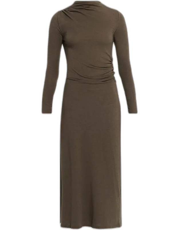 Draped Long-sleeve Mesh Midi Dress