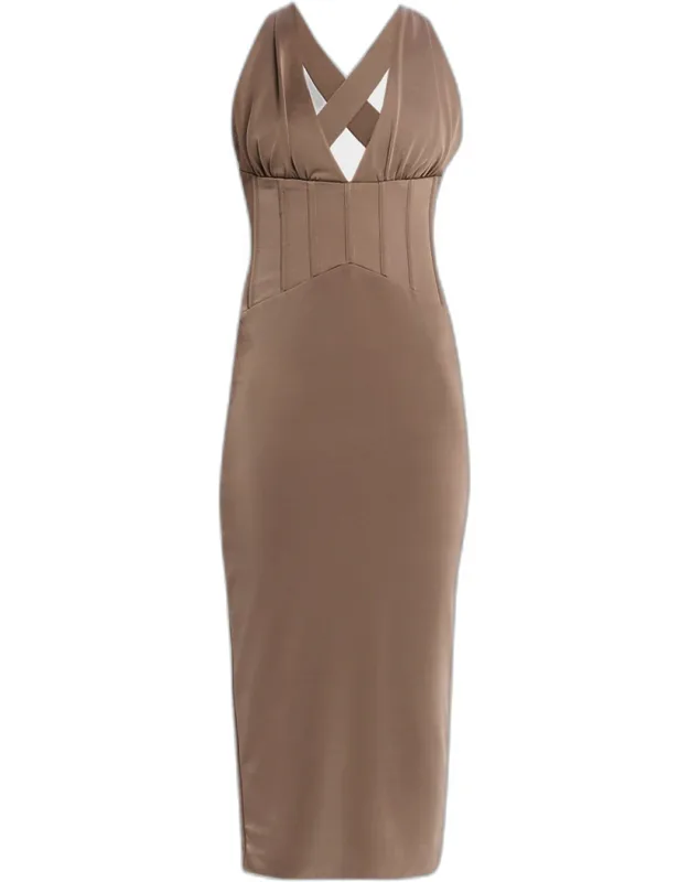 Mischa Deep V-neck Corset Midi Dress