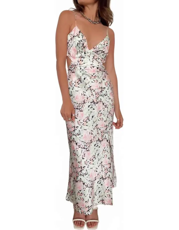 Floral Satin Cut Out Midi Dress