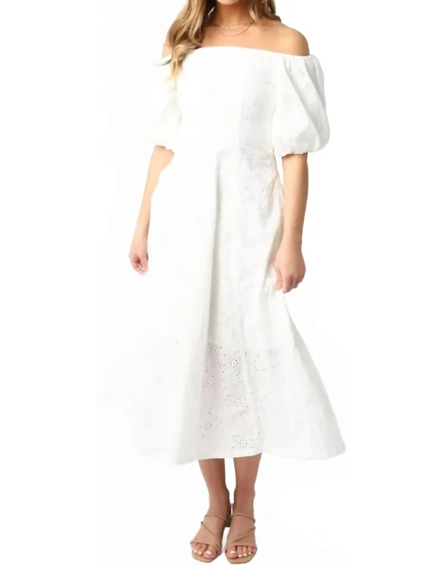 Eyelet Puff Sleeve Midi Dress