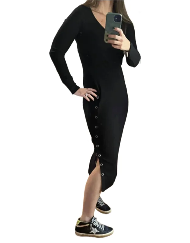 Rib Long Sleeve V Neck Dress