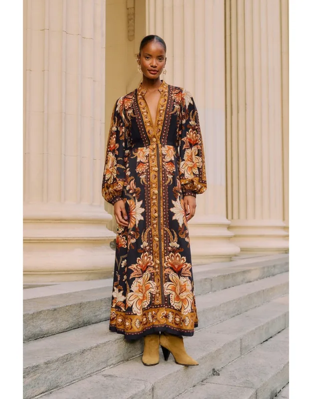 Majestic Garden Buttoned Puff Sleeve Maxi Dress