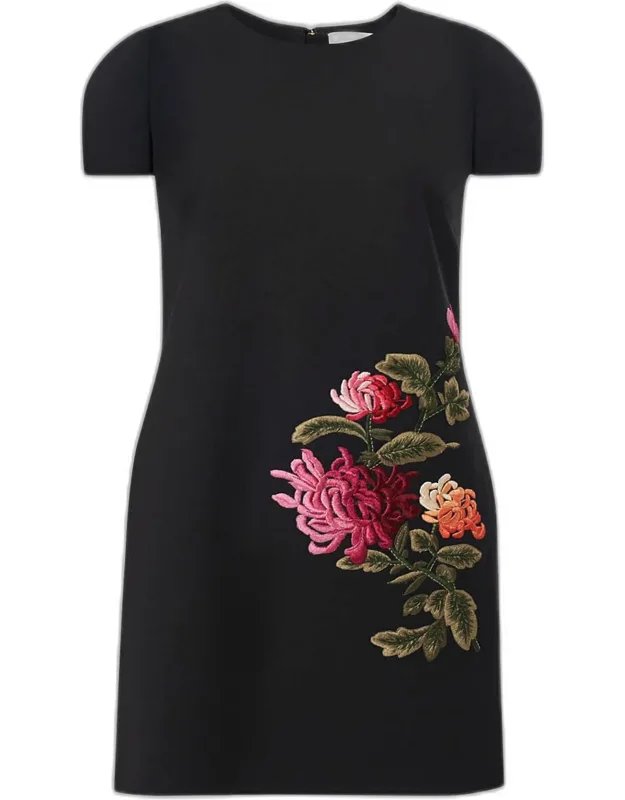 Floral Embroidered Wool Mini Shift Dress
