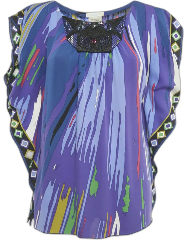 Multicolor Embellished Printed Silk Kaftan Tunic Top