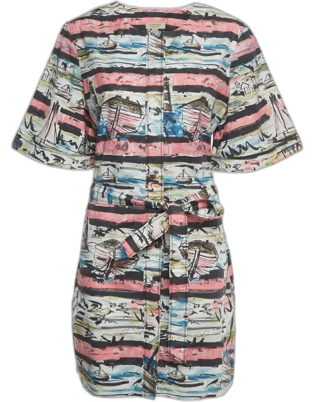 Multicolor Lighthouse Print Cotton Mini Shirt Dress