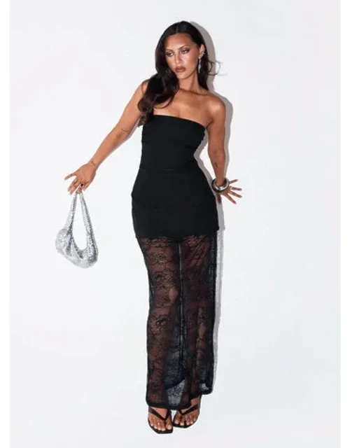 Aleda Sheer Lace Detail Strapless Maxi Dress