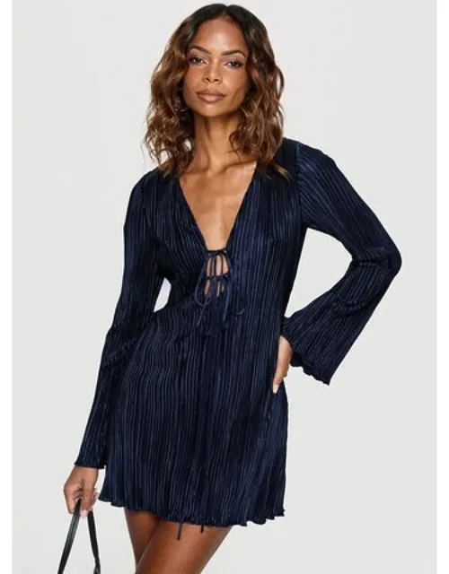 Long Sleeve Mini Dress With Plisse Detail And Plunge Neckline