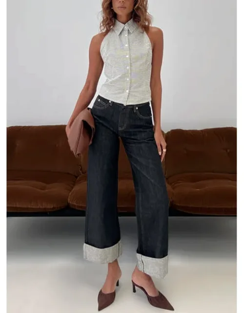 Mid Rise Straight Leg Folded Hem Jeans