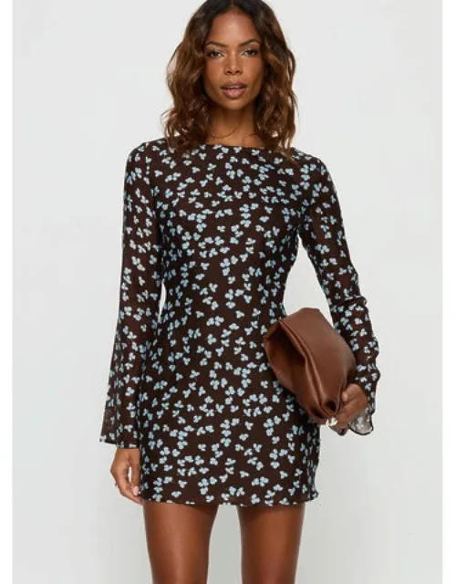Long Sleeve Mini Dress Floral With Tie Back Detail