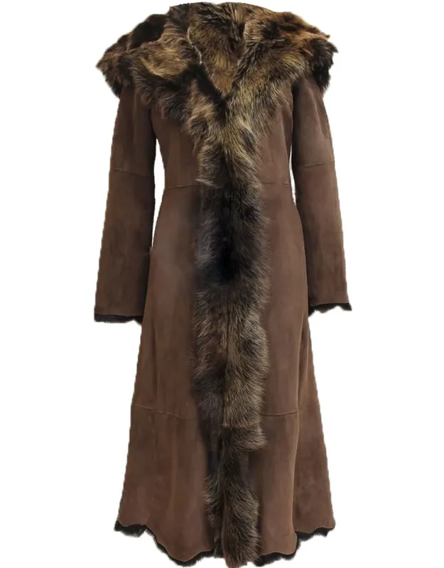 Suede Toscana Sheepskin Hooded Trench Coat