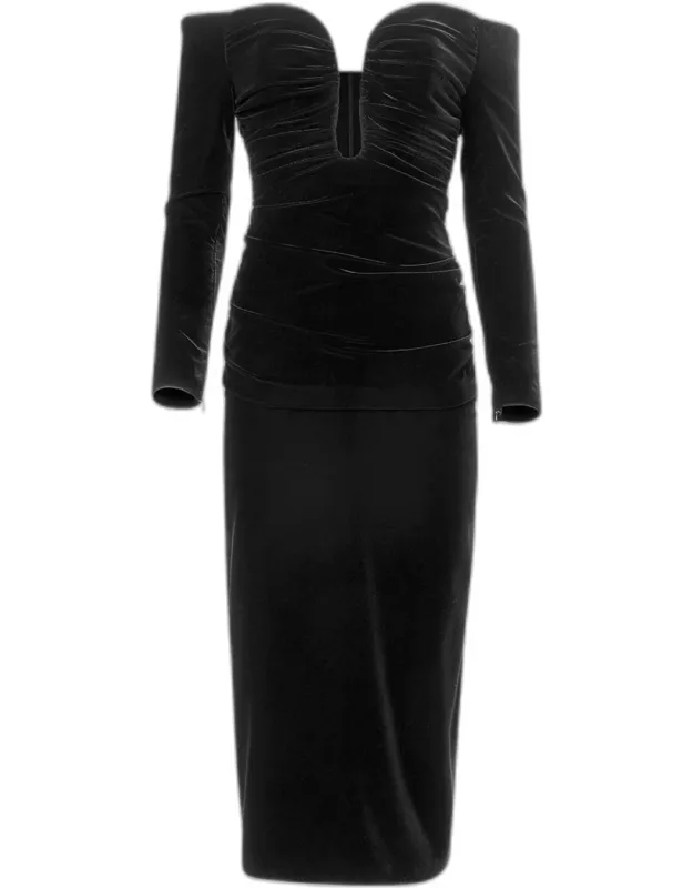 Ruched Plunging Off-shoulder Velvet Midi Dress