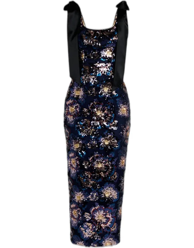 Satin Bow Sequin Column Midi Dress
