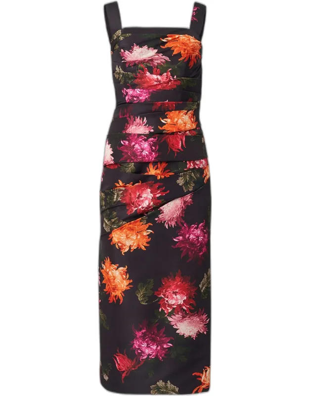 Gathered Floral Square-neck Midi Dress