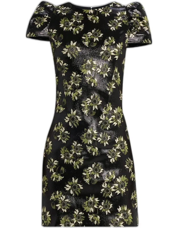 Sunflower Jacquard Puff-sleeve Mini Dress
