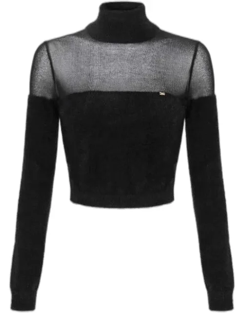 Cropped Knit Turtleneck With Unique Fur-effect Texture And Soft Sheer Effect