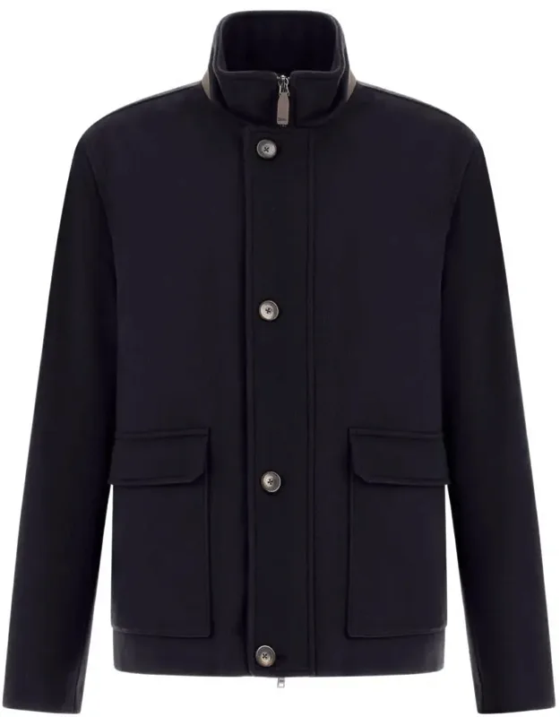 Herno Jacket With High Sheepskin Fur-covered Collar And Front Patch Pockets