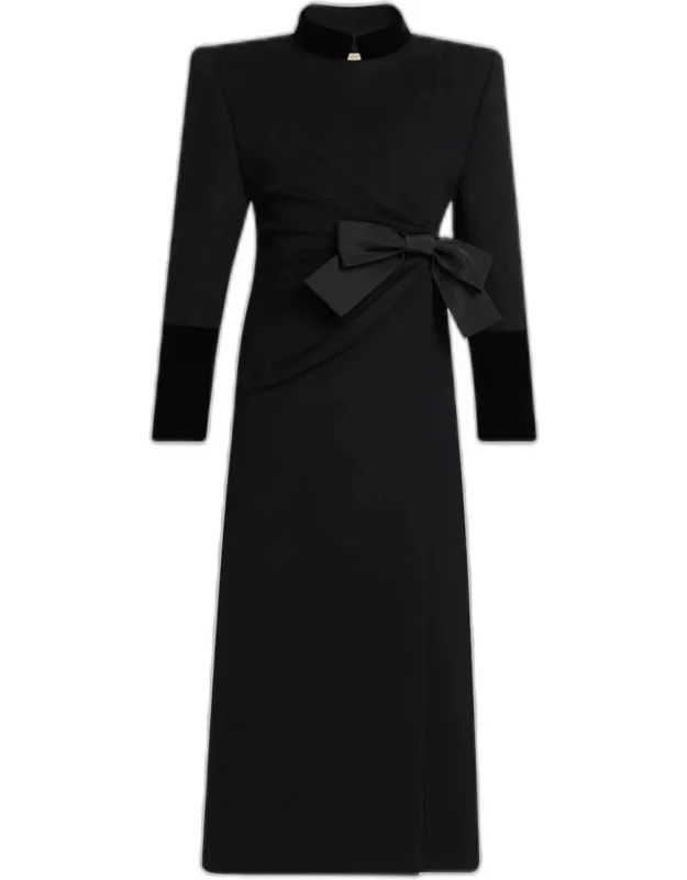 Velvet Bow Double-breasted Wool-cashmere Long Coat
